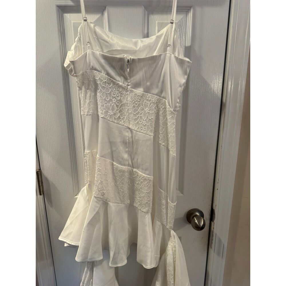 AKIRA White Satin Lace Mini Dress Ruffle Side Trains Bridal Prom Size L NWT - Picture 12 of 14